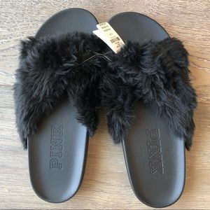 Victoria’s Secret PINK black fur slides